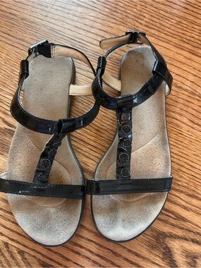 Clarks Black Patent T-Strap Buckle Sandals